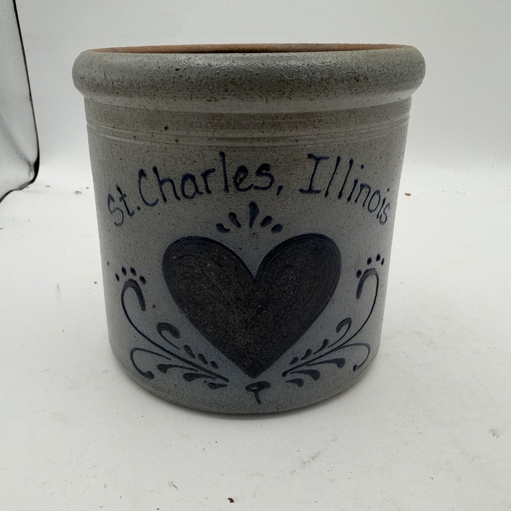 Rockdale Union Stoneware Heart St. Charles Illinois Crock Salt Glaze Pottery @5"